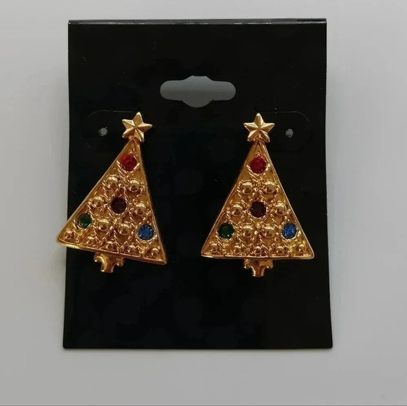 Christmas Tree Gold Tone Post Earrings Rhinestone Accents Avon  Holiday Festive - Picture 1 of 4